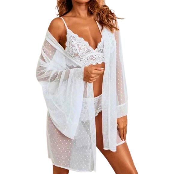 Large Lingerie set white 3 piece robe bra panties lace - Picture 3 of 4